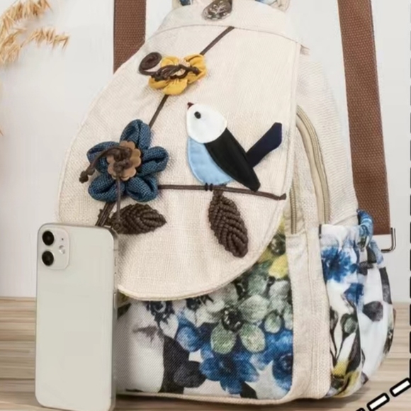 Ethnic Style Hand-Woven Bird Flower Backpack, Original Design, Multi-functional - Picture 3 of 12